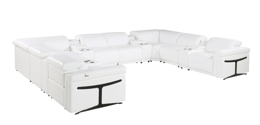 White Italian Leather Power Reclining U Shaped Twelve Piece Sectional With Console on a white background