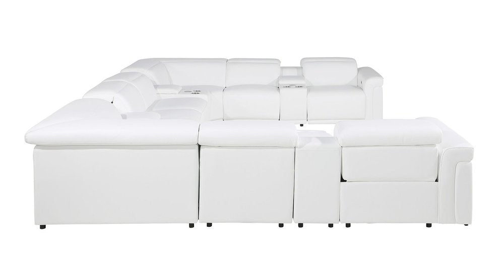 White Italian Leather Power Reclining U Shaped Twelve Piece Sectional With Console on a white background