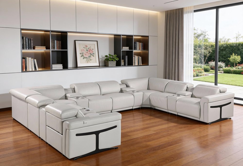 Light Gray Italian Leather Power Reclining U Shaped Twelve Piece Sectional With Console
