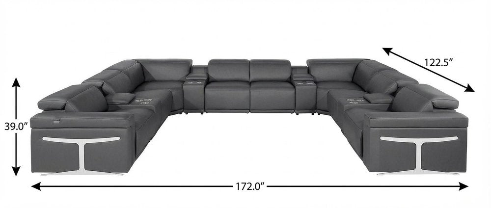 Dark Gray Italian Leather Power Reclining U Shaped Twelve Piece Sectional With Console