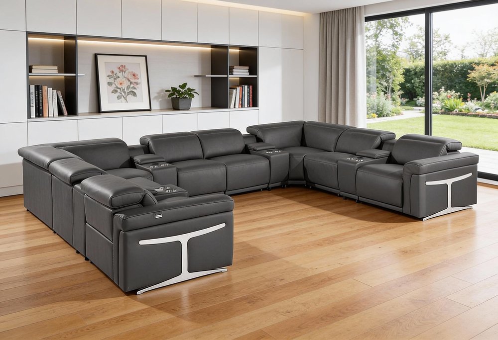 Dark Gray Italian Leather Power Reclining U Shaped Twelve Piece Sectional With Console
