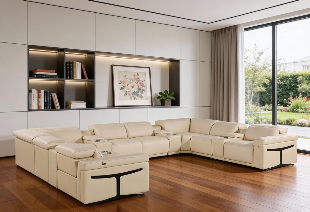 Beige Italian Leather Power Reclining U Shaped Twelve Piece Sectional With Console