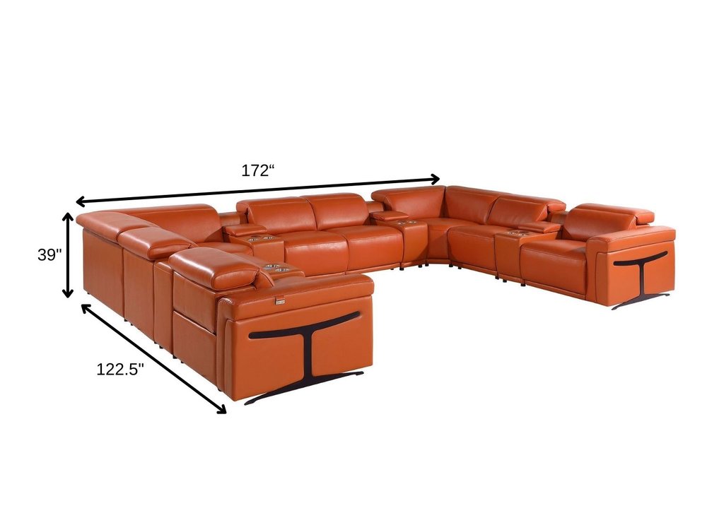 Camel Italian Leather Power Reclining U Shaped Twelve Piece Sectional With Console