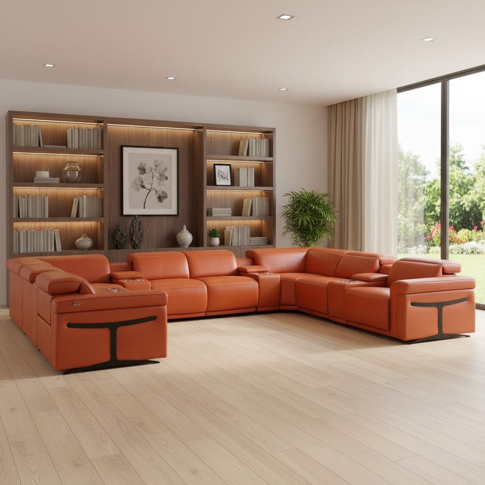 Camel Italian Leather Power Reclining U Shaped Twelve Piece Sectional With Console