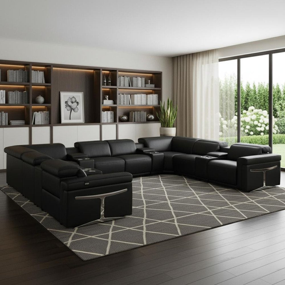 Black Italian Leather Power Reclining U Shaped Twelve Piece Sectional With Console