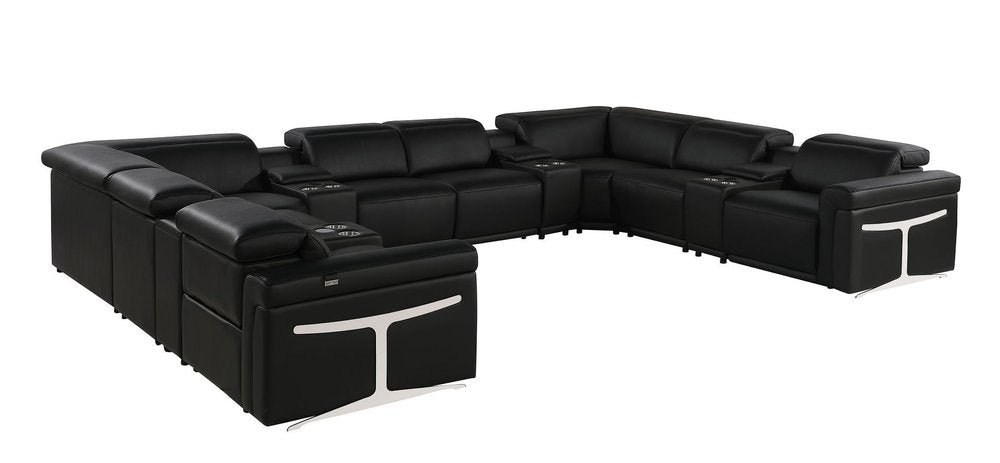 Black Italian Leather Power Reclining U Shaped Twelve Piece Sectional With Console