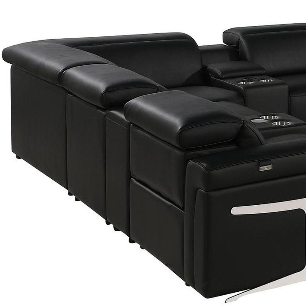 Black Italian Leather Power Reclining U Shaped Twelve Piece Sectional With Console