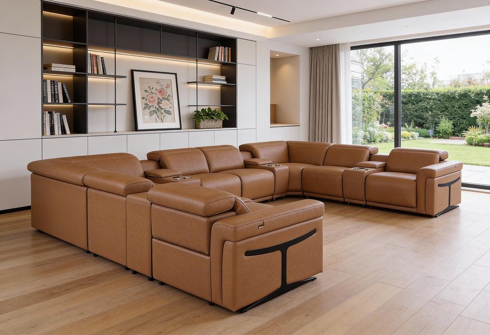 Chestnut Italian Leather Power Reclining U Shaped Twelve Piece Sectional With Console
