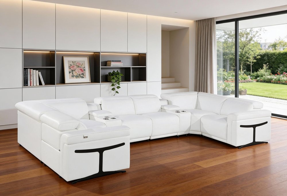 White Italian Leather Power Reclining U Shaped Eight Piece Sectional With Console in a home interior
