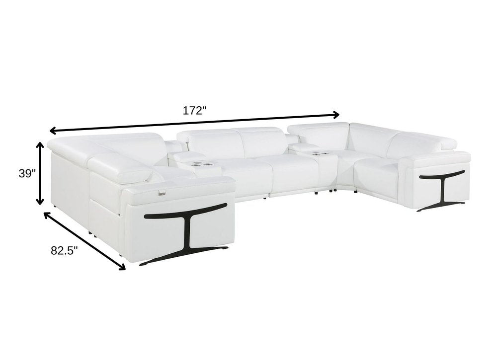 White Italian Leather Power Reclining U Shaped Eight Piece Sectional With Console on a white background