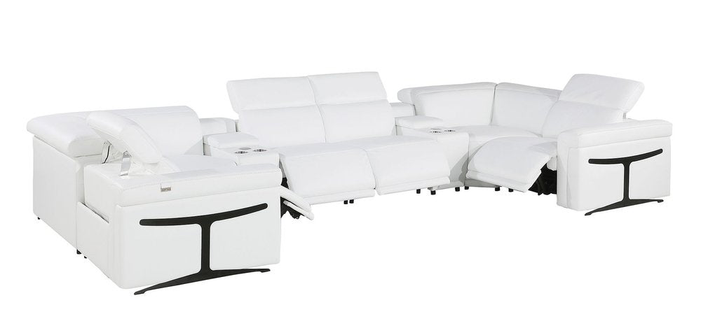 White Italian leather eight-piece U-shaped power reclining sectional sofa with console and cup holders on a white background.