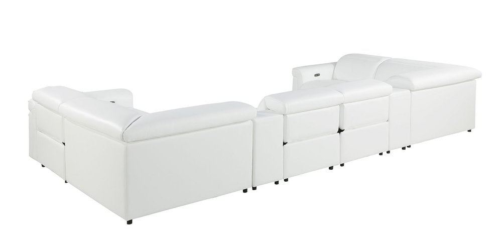 White Italian Leather Power Reclining U Shaped Eight Piece Sectional With Console