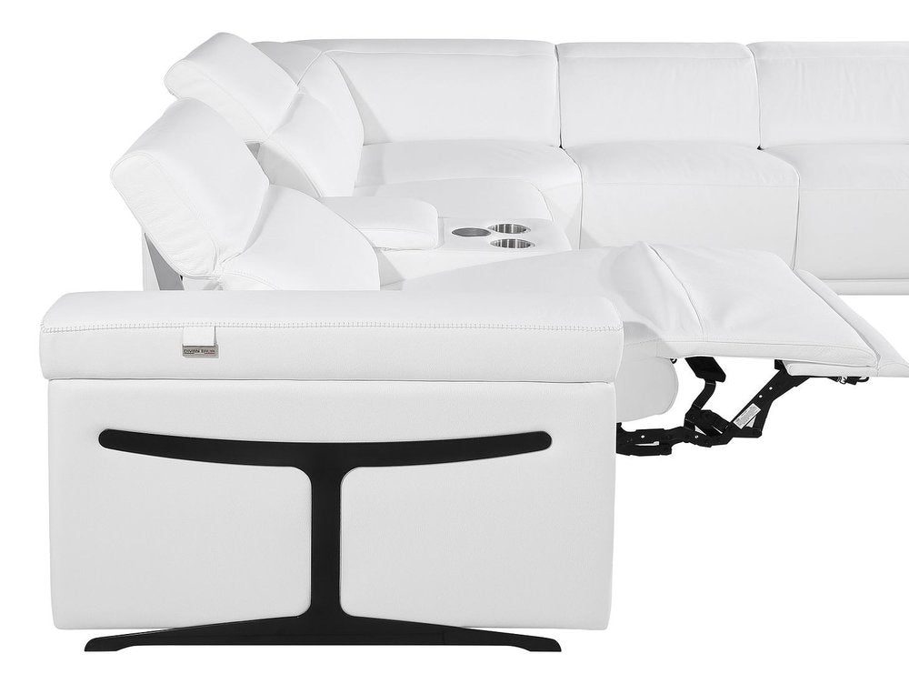White Italian Leather Power Reclining U Shaped Eight Piece Sectional With Console