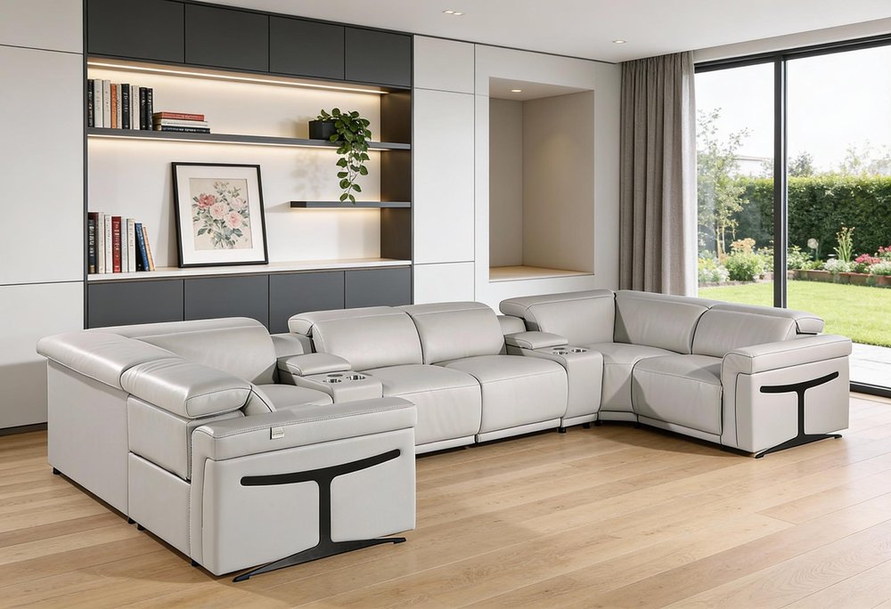 Light Gray Italian Leather Power Reclining U Shaped Eight Piece Corner Sectional With Console