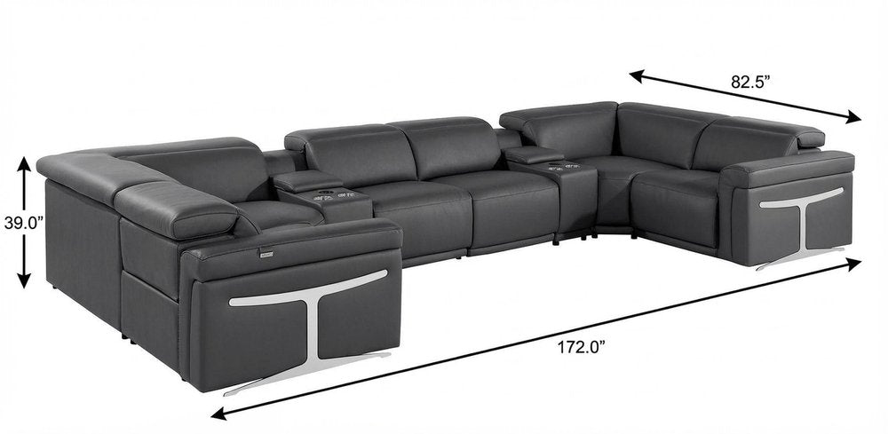 Dark Gray Italian Leather Power Reclining U Shaped Eight Piece Sectional With Console