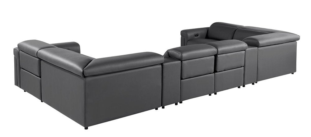 Dark Gray Italian Leather Power Reclining U Shaped Eight Piece Sectional With Console