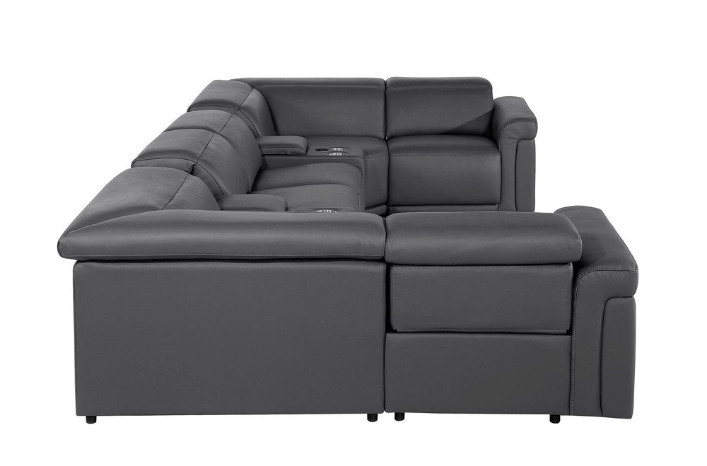 Dark Gray Italian Leather Power Reclining U Shaped Eight Piece Sectional With Console