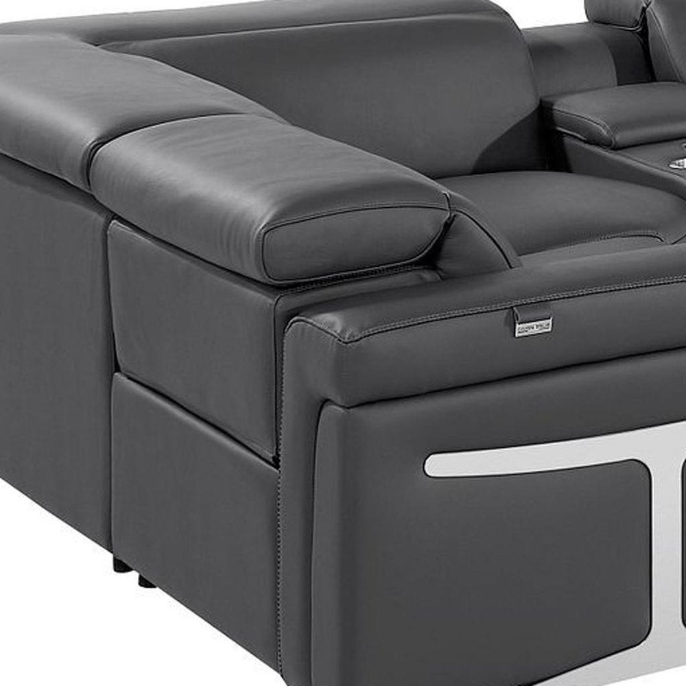 Dark Gray Italian Leather Power Reclining U Shaped Eight Piece Sectional With Console