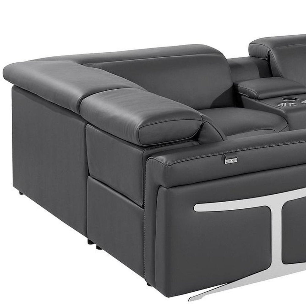 Dark Gray Italian Leather Power Reclining U Shaped Eight Piece Sectional With Console