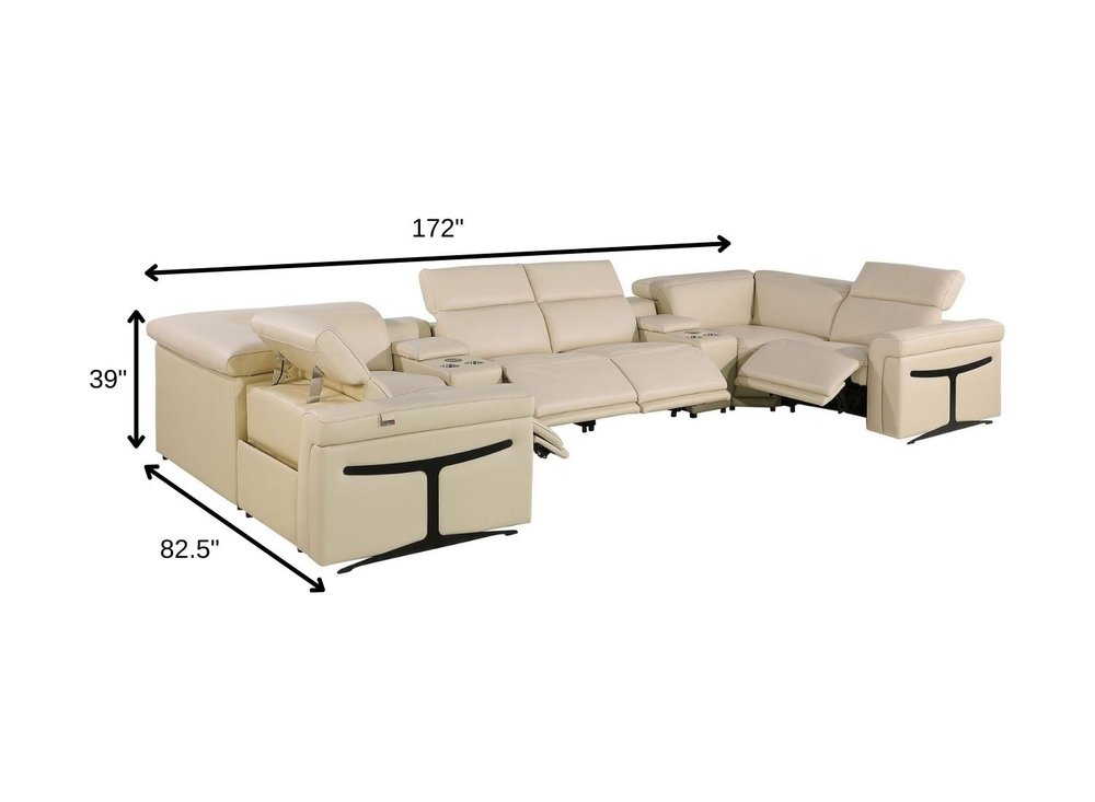 Beige Italian Leather Power Reclining U Shaped Eight Piece Sectional With Console