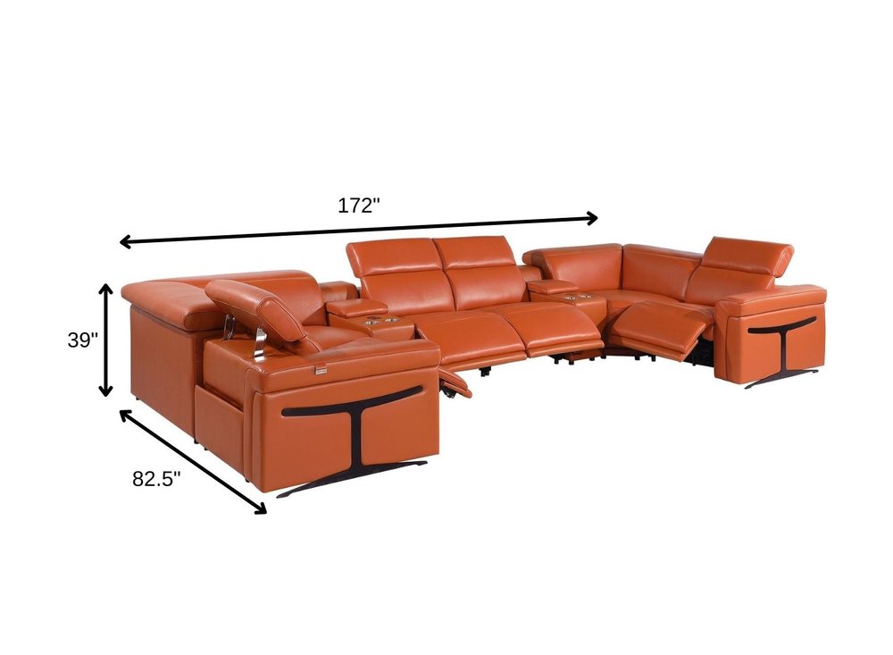 Camel Italian Leather Power Reclining U Shaped Eight Piece Sectional With Console