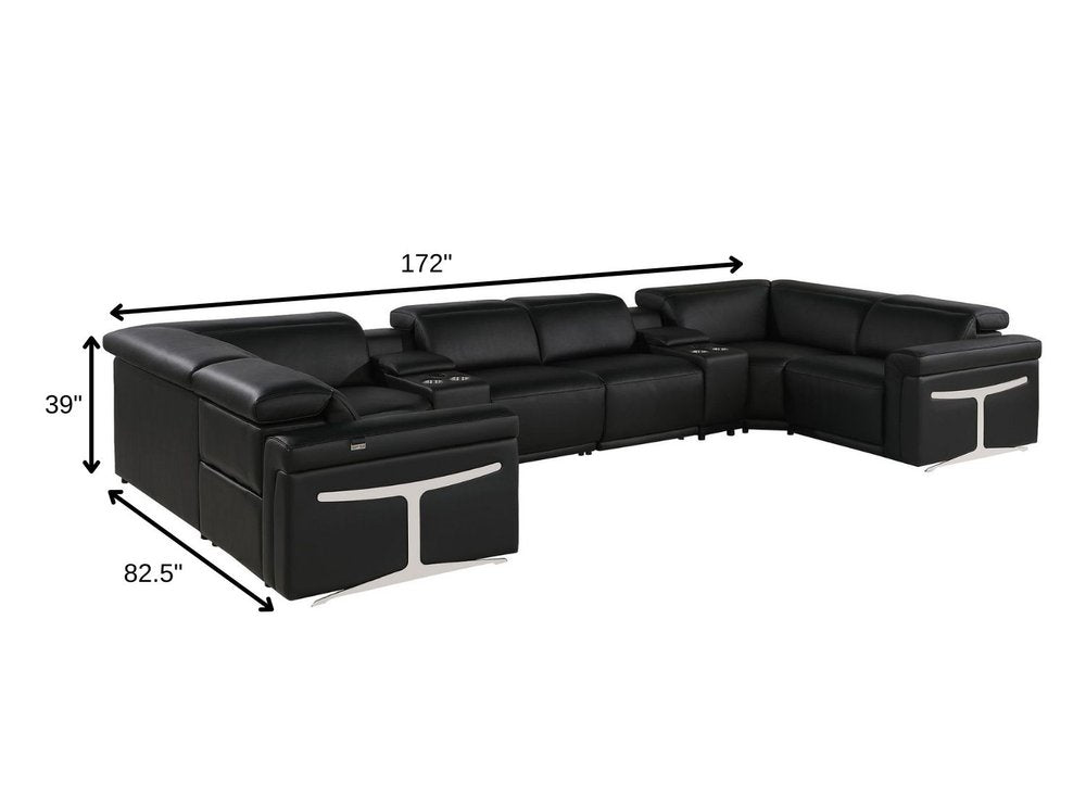 Black Italian Leather Power Reclining U Shaped Eight Piece Sectional With Console