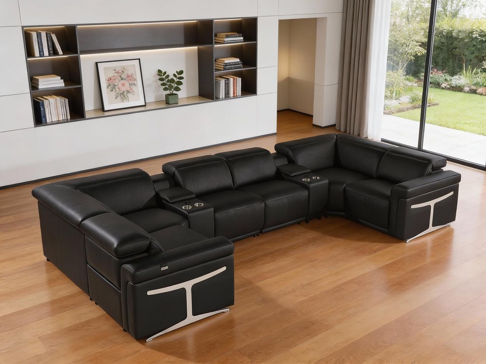 Black Italian Leather Power Reclining U Shaped Eight Piece Sectional With Console