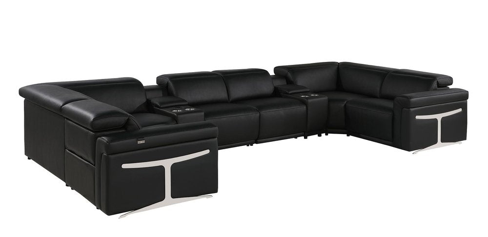 Black Italian Leather Power Reclining U Shaped Eight Piece Sectional With Console