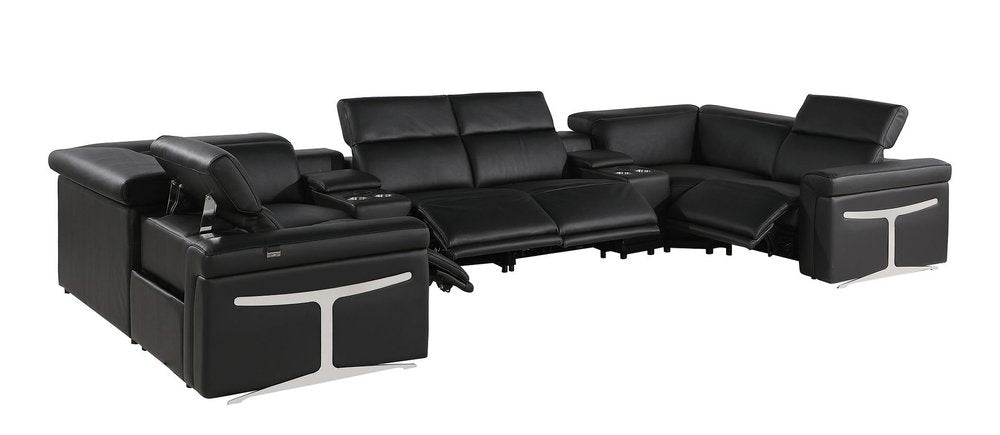 Black Italian Leather Power Reclining U Shaped Eight Piece Sectional With Console