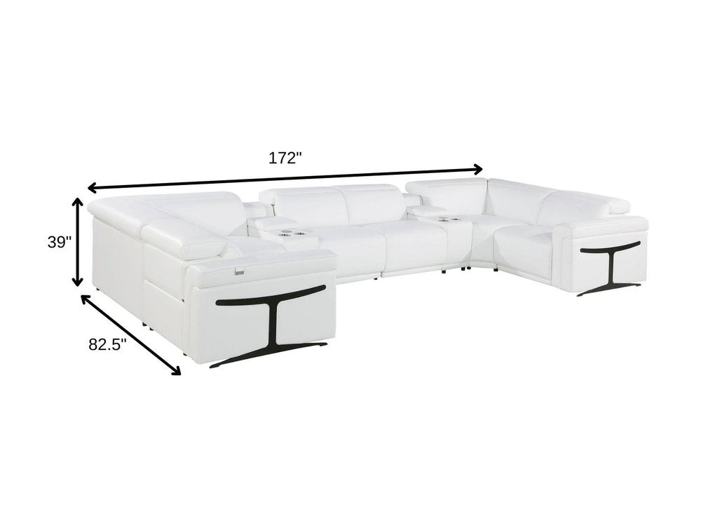 White Italian Leather Power Reclining U Shaped Eight Piece Corner Sectional With Console - 39.00" H x 172.00" W x 82.50" D on a white background