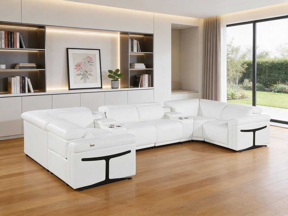 White Italian Leather Power Reclining U Shaped Eight Piece Corner Sectional With Console - 39.00" H x 172.00" W x 82.50" D