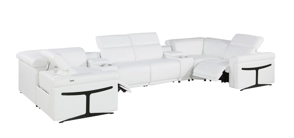 White Italian leather eight-piece U-shaped sectional sofa with power reclining seats and cup holders on a white background.