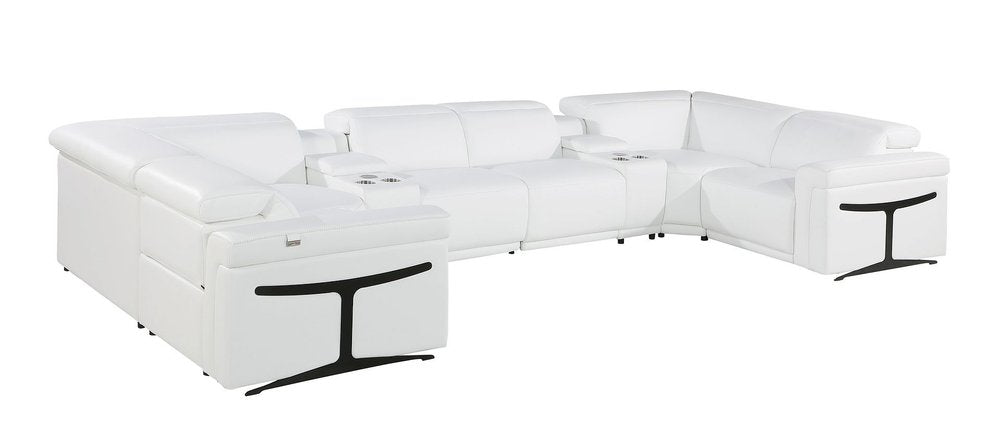 White Italian Leather Power Reclining U Shaped Eight Piece Corner Sectional With Console - 39.00" H x 172.00" W x 82.50" D