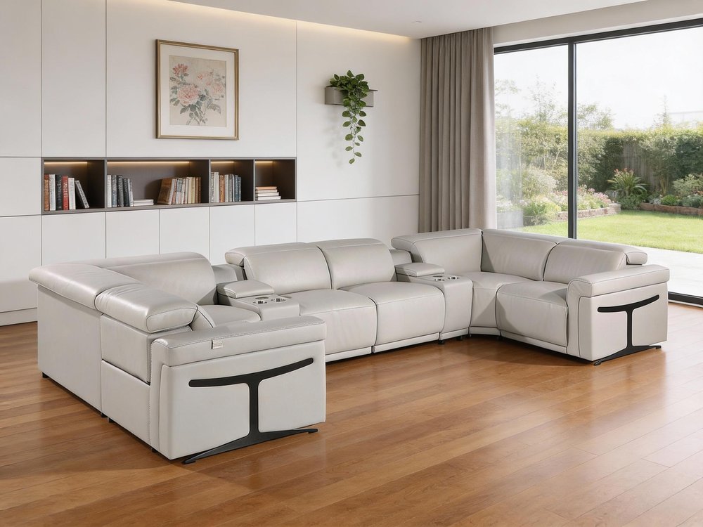Light Gray Italian Leather Power Reclining U Shaped Eight Piece Corner Sectional With Console