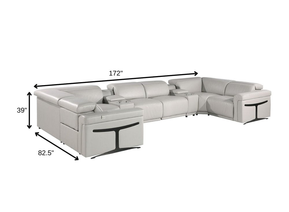 Light Gray Italian Leather Power Reclining U Shaped Eight Piece Corner Sectional With Console