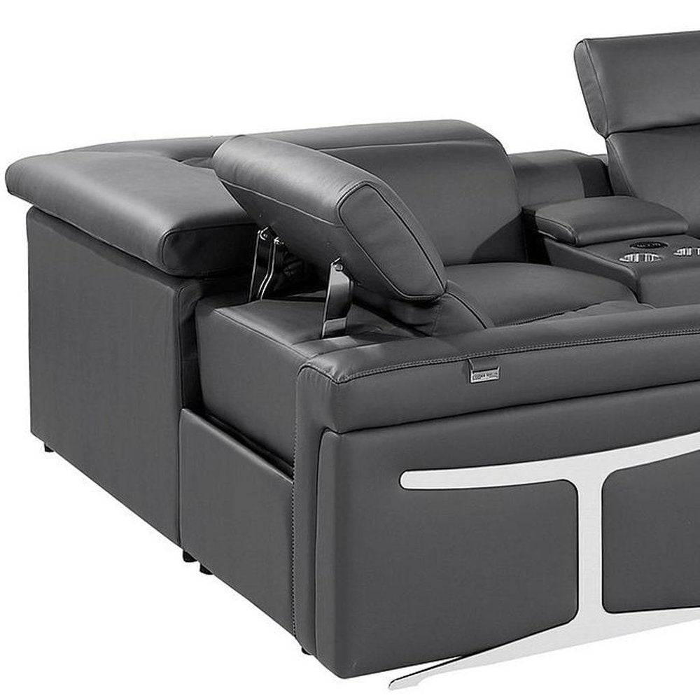Dark Gray Italian Leather Power Reclining U Shaped Eight Piece Corner Sectional With Console