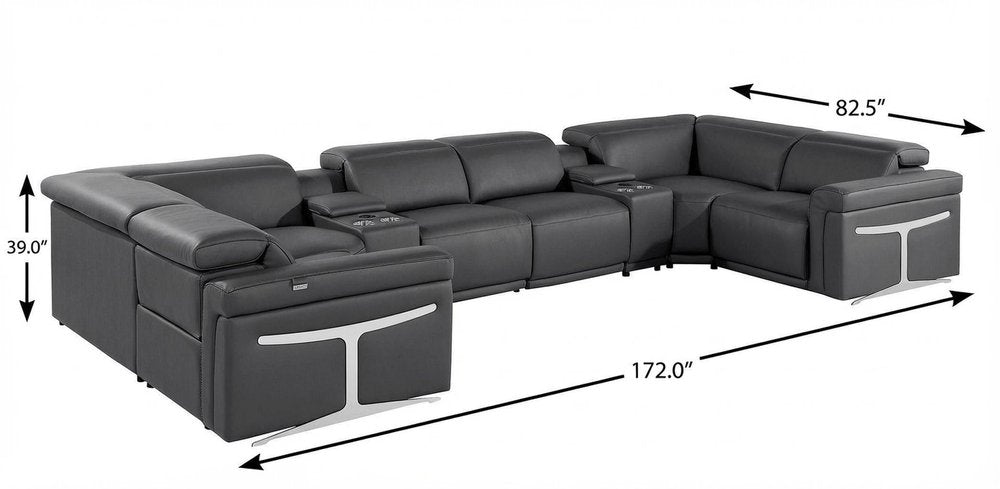 Dark Gray Italian Leather Power Reclining U Shaped Eight Piece Corner Sectional With Console