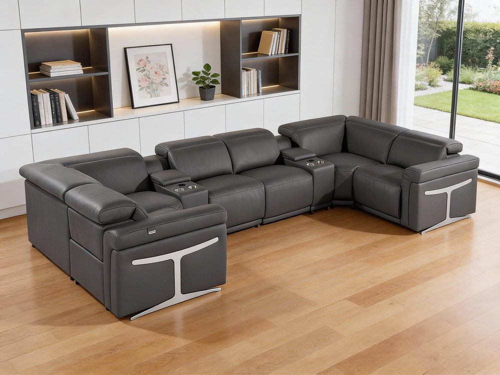 Dark Gray Italian Leather Power Reclining U Shaped Eight Piece Corner Sectional With Console