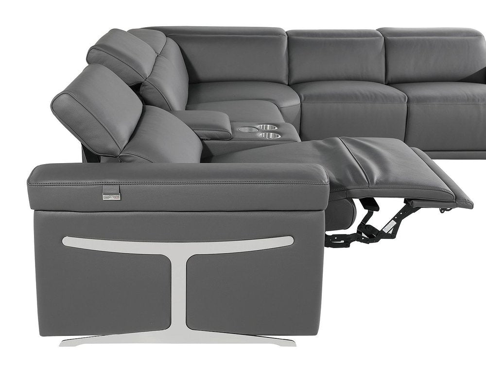 Dark Gray Italian Leather Power Reclining U Shaped Eight Piece Corner Sectional With Console