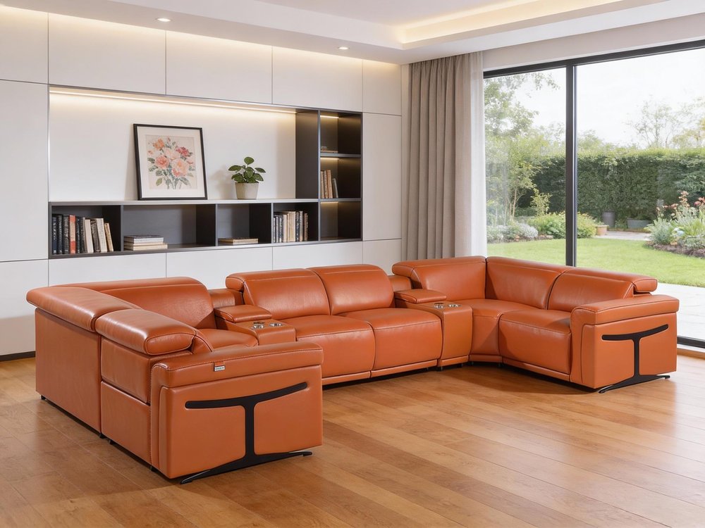 Camel Italian Leather Power Reclining U Shaped Eight Piece Corner Sectional With Console