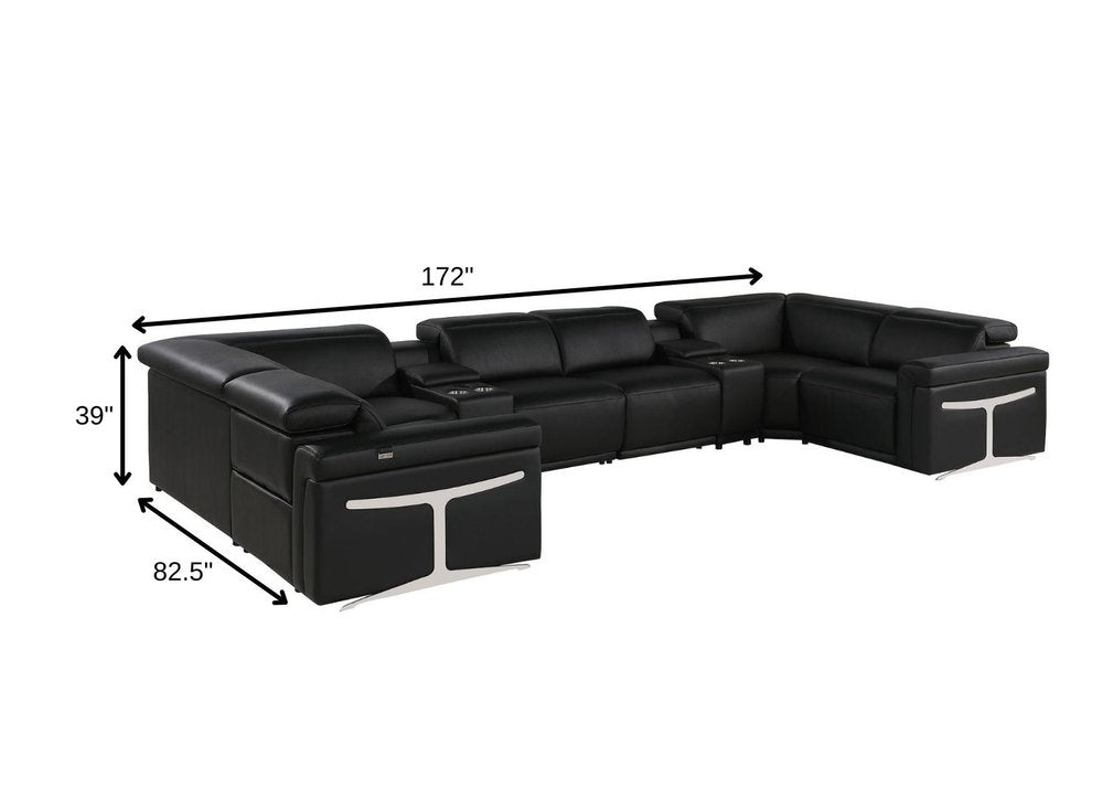 Black Italian Leather Power Reclining U Shaped Eight Piece Corner Sectional With Console