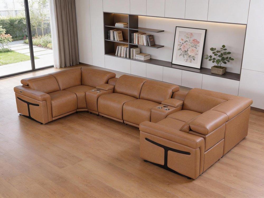 Chestnut Italian Leather Power Reclining U Shaped Eight Piece Corner Sectional With Console