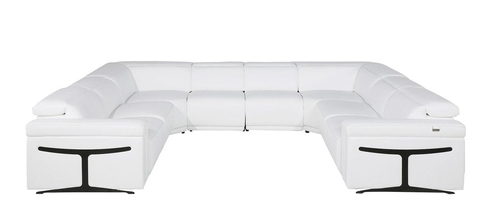 White Italian Leather Power Reclining U Shaped Eight Piece Corner Sectional With Console - 39.00" H x 146.00" W x 109.50" D on a white background