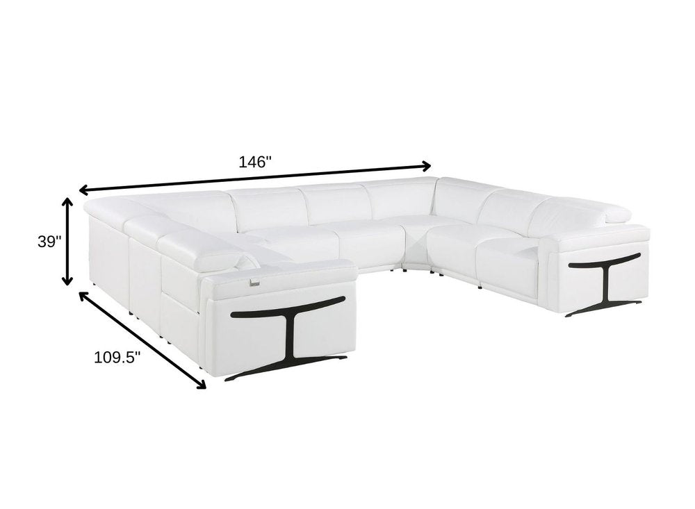 White Italian Leather Power Reclining U Shaped Eight Piece Corner Sectional With Console - 39.00" H x 146.00" W x 109.50" D on a white background