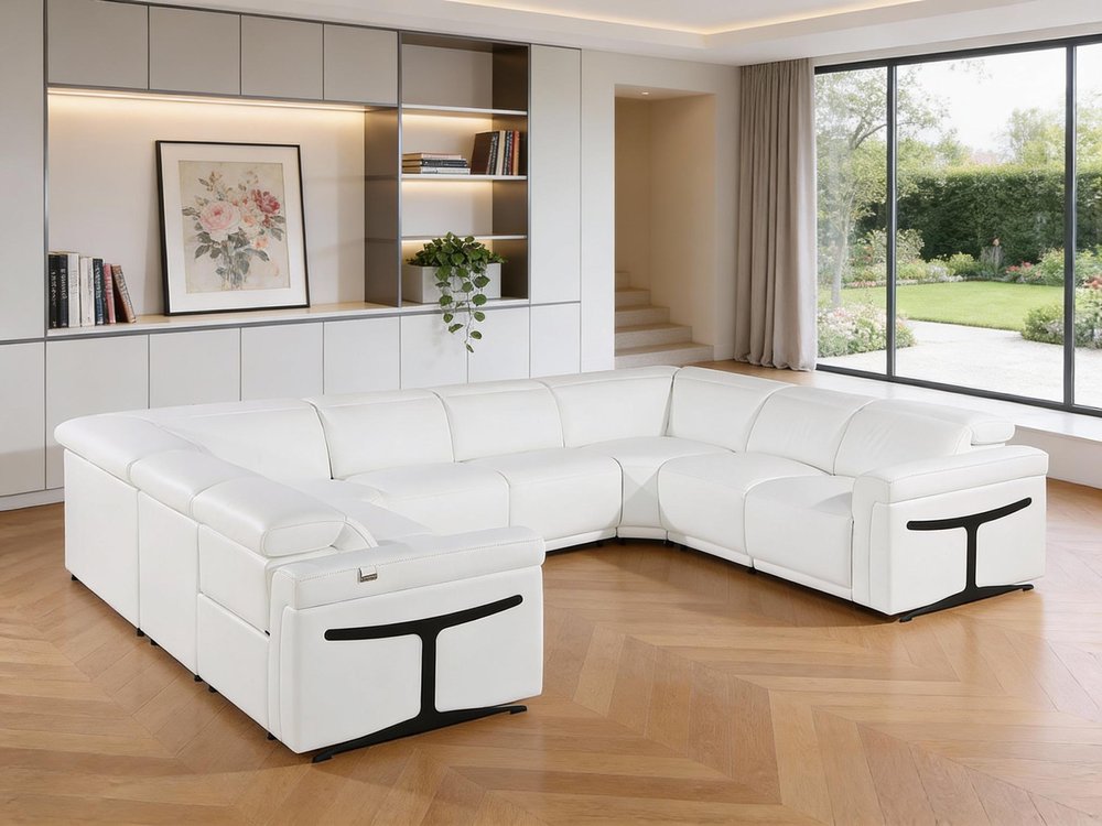White Italian Leather Power Reclining U Shaped Eight Piece Corner Sectional With Console - 39.00" H x 146.00" W x 109.50" D