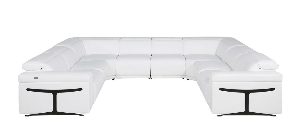 White Italian leather U-shaped eight-piece sectional sofa with black I-shaped legs on a white background.