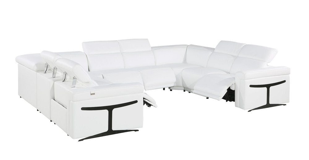White Italian Leather Power Reclining U Shaped Eight Piece Corner Sectional With Console - 39.00" H x 146.00" W x 109.50" D