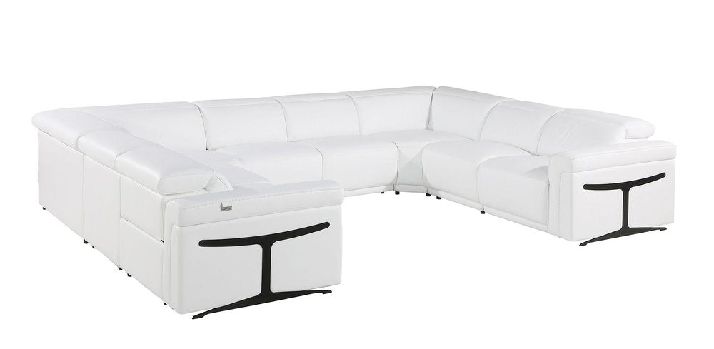 White Italian Leather Power Reclining U Shaped Eight Piece Corner Sectional With Console - 39.00" H x 146.00" W x 109.50" D
