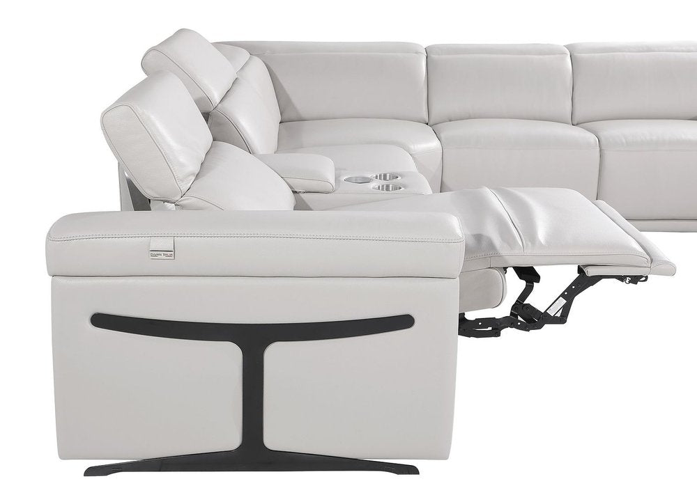 Light Gray Italian Leather Power Reclining U Shaped Eight Piece Corner Sectional With Console
