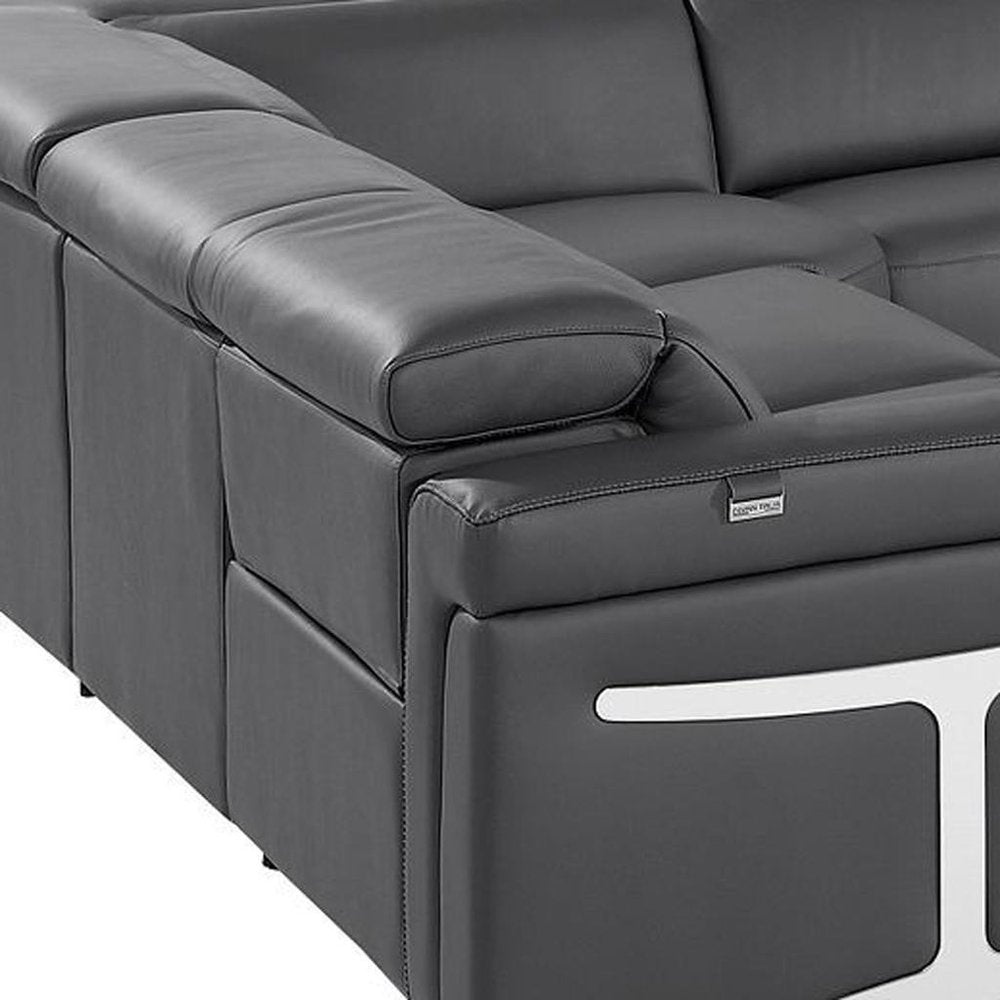Dark Gray Italian Leather Power Reclining U Shaped Eight Piece Corner Sectional With Console